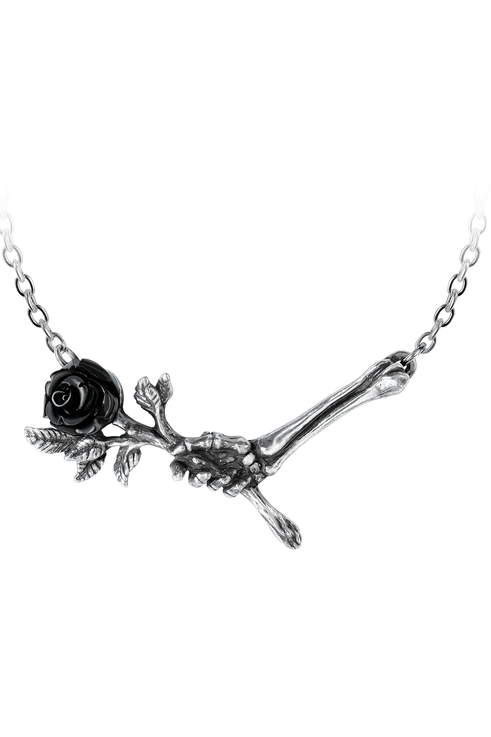 Skeletal Hand and Black Rose Pendant Necklace