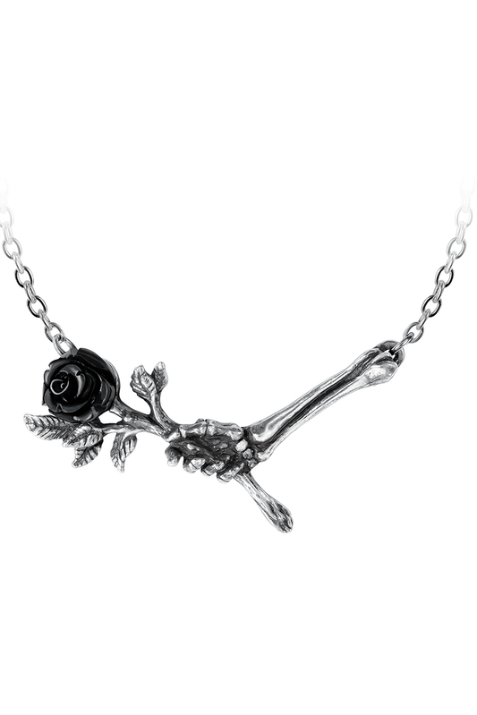 Skeletal Hand and Black Rose Pendant Necklace