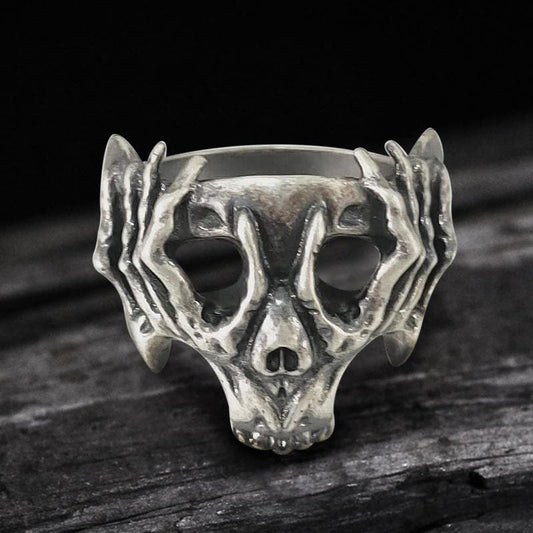 Skeleton Hand Head Sterling Silver Skull Ring