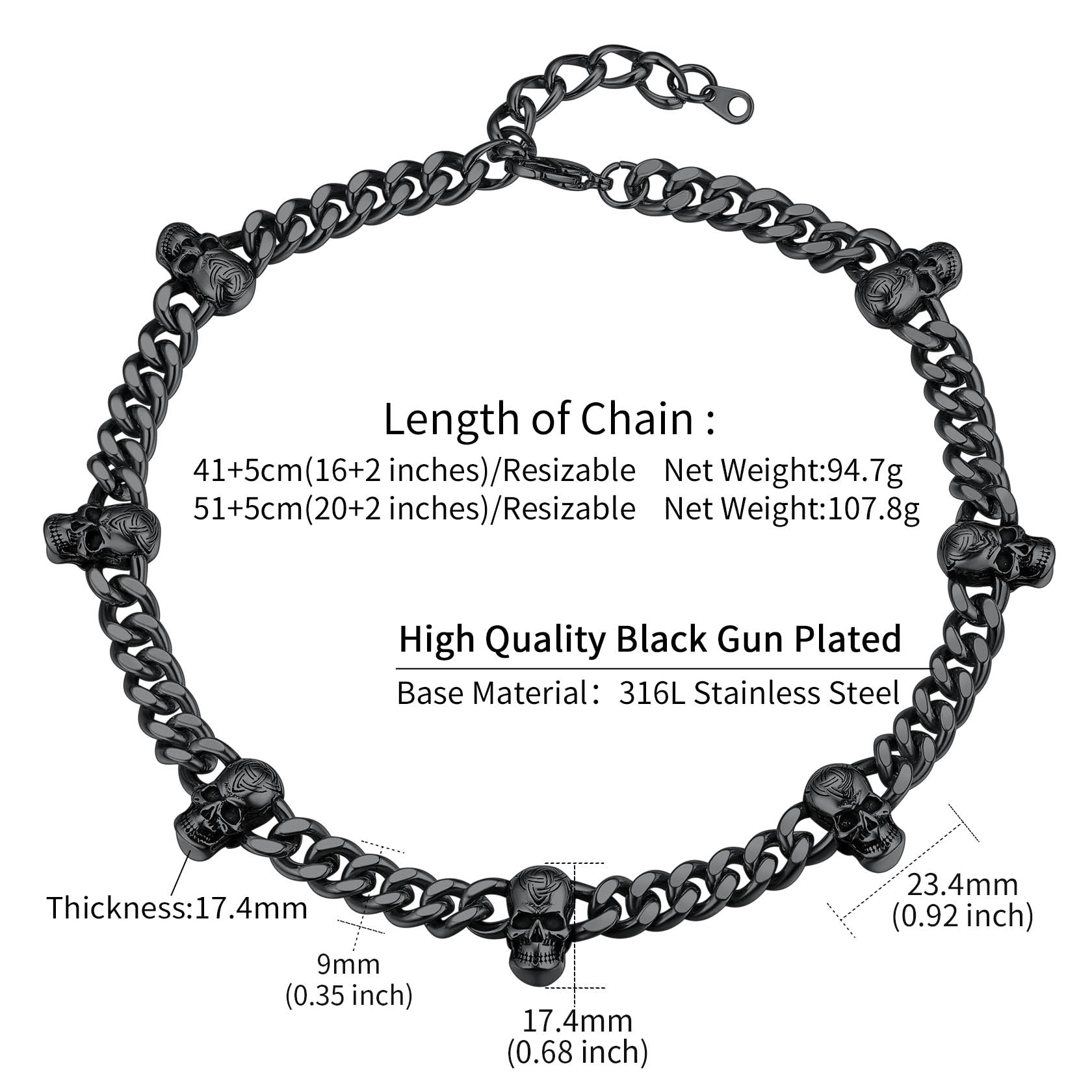 9mm Gothic Skull Cuban Link Chain Choker Necklace for