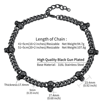 9mm Gothic Skull Cuban Link Chain Choker Necklace for