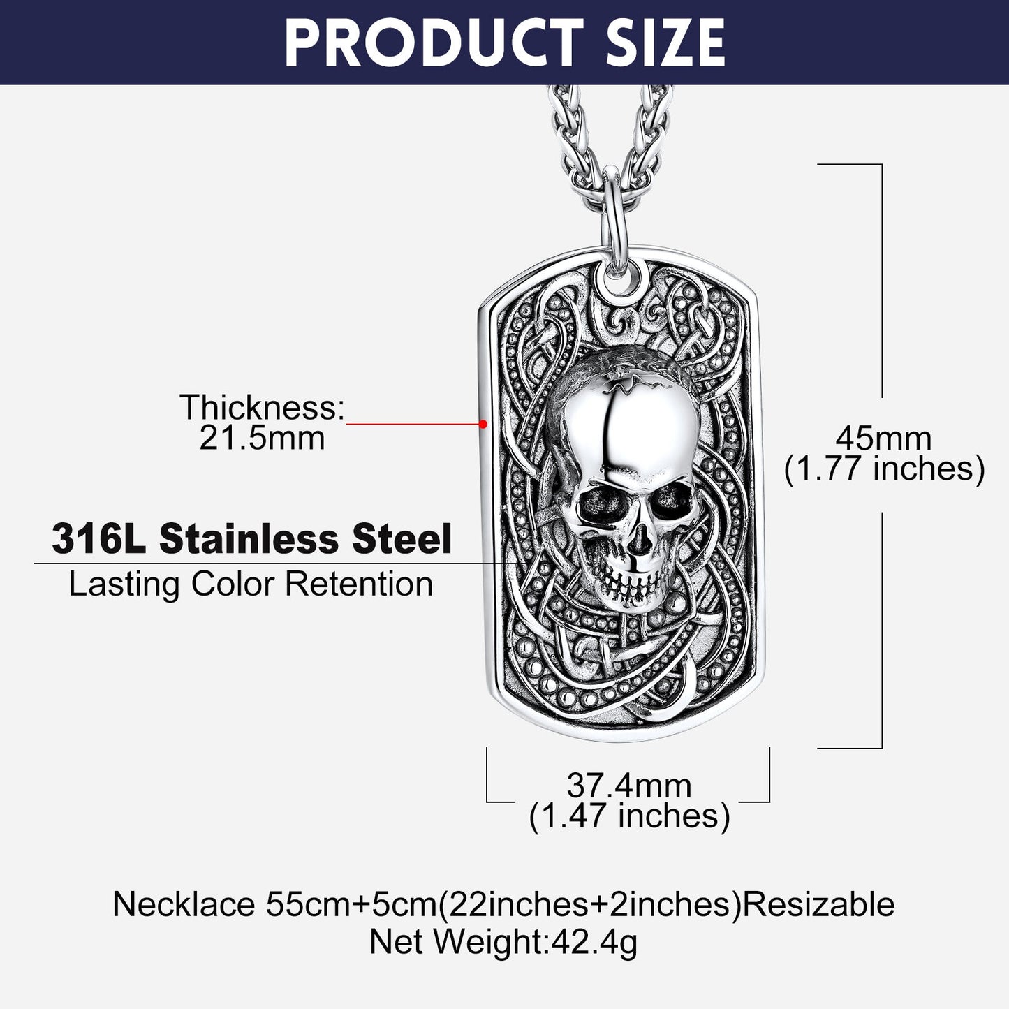 Gothic Skull Dog Tag Pendant Necklace for