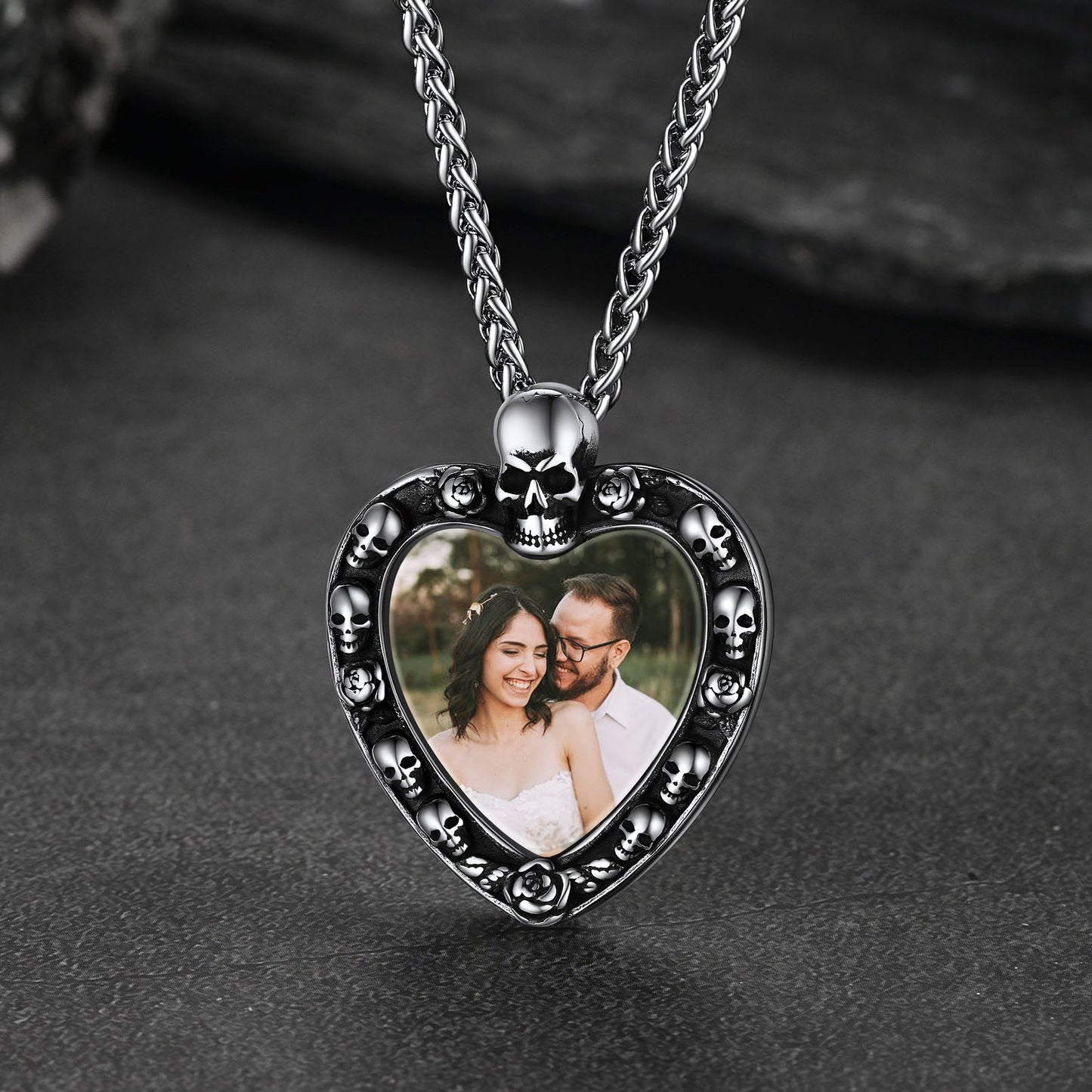 Customized Memorial Heart Photo Necklace With Skull for