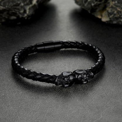 Black Braided Leather Bracelet With Skull for
