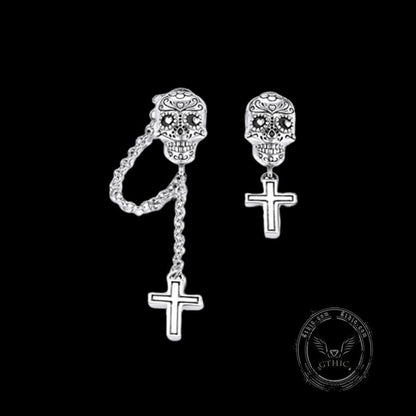 Skull Cross Sterling Silver Asymmetric Stud Earrings