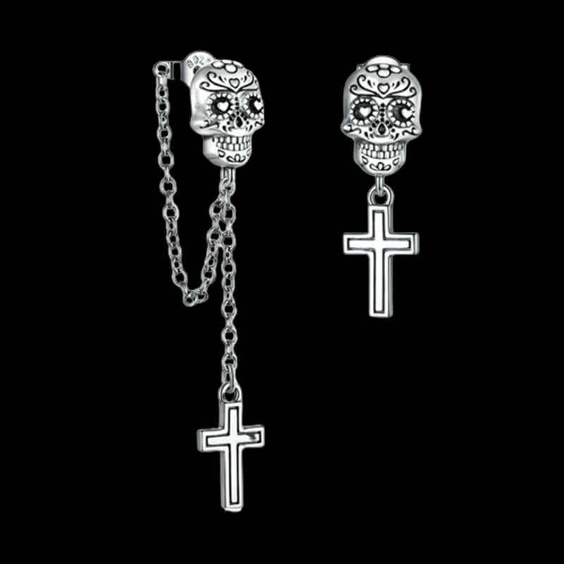 Skull Cross Sterling Silver Asymmetric Stud Earrings