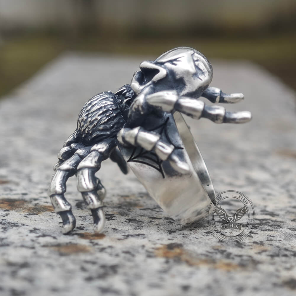 Skull Head Spider Sterling Silver Biker Ring