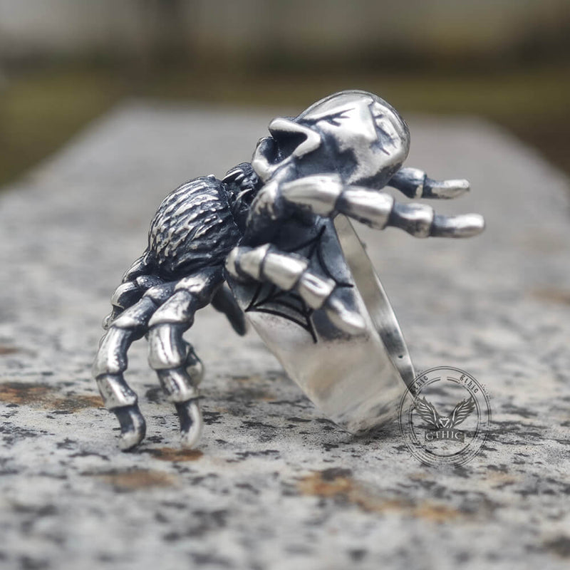 Skull Head Spider Sterling Silver Biker Ring