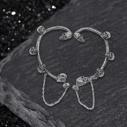 Skull Heads Stainless Steel Ear Cuffs Chain Earrings