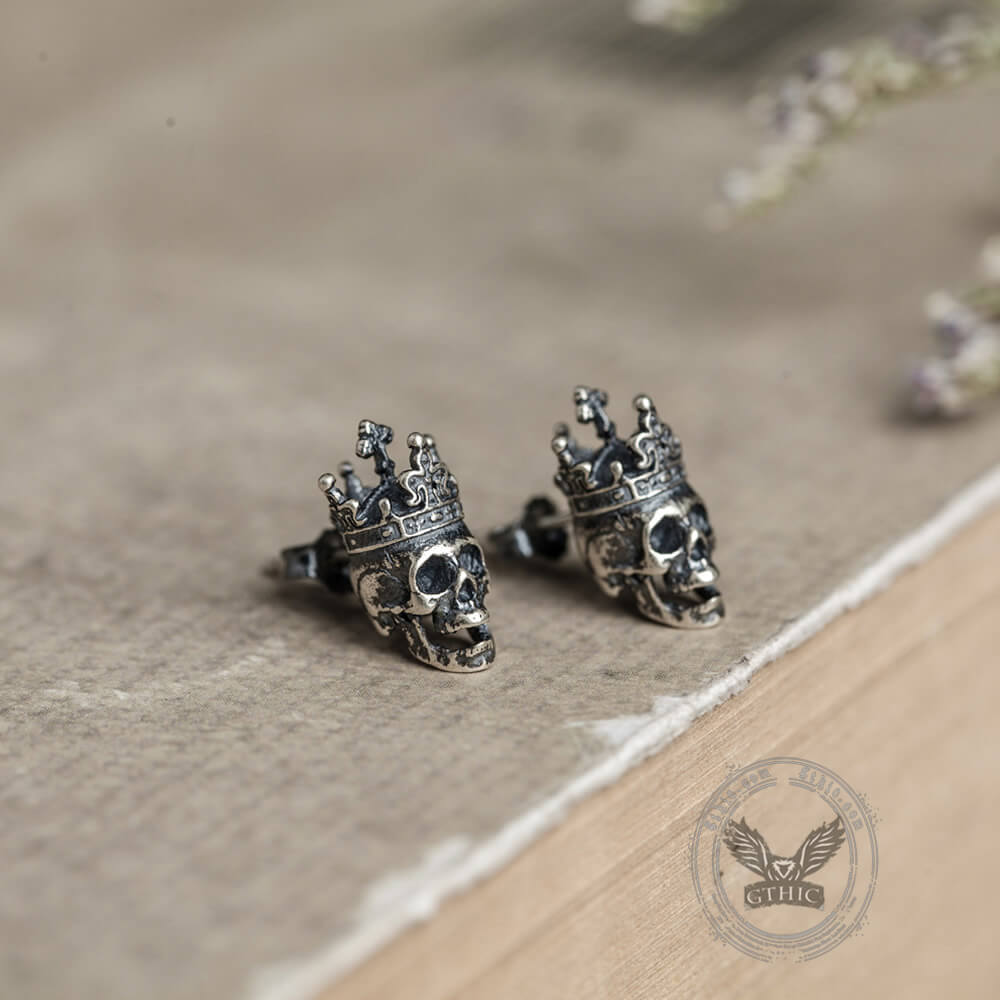 Skull King Crown Sterling Silver Stud Earrings