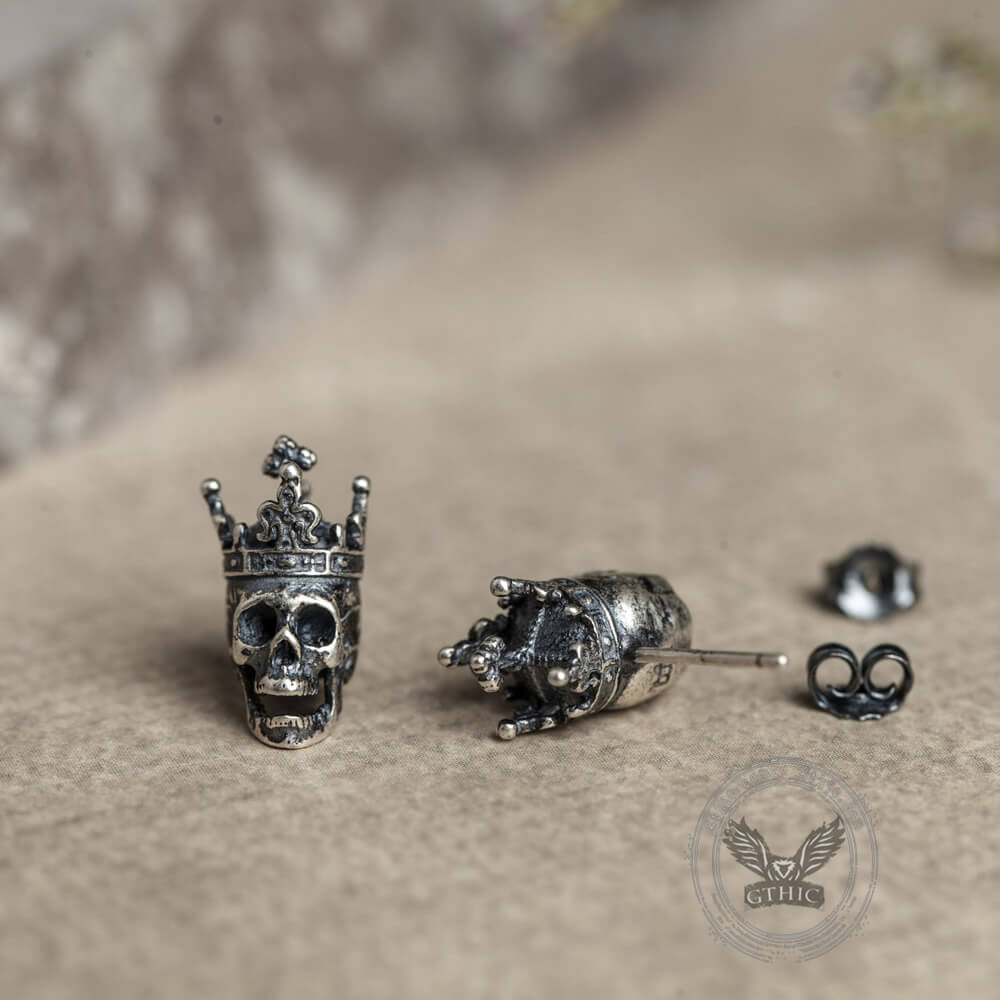 Skull King Crown Sterling Silver Stud Earrings