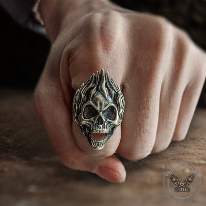 Skull on Fire Sterling Silver Ring