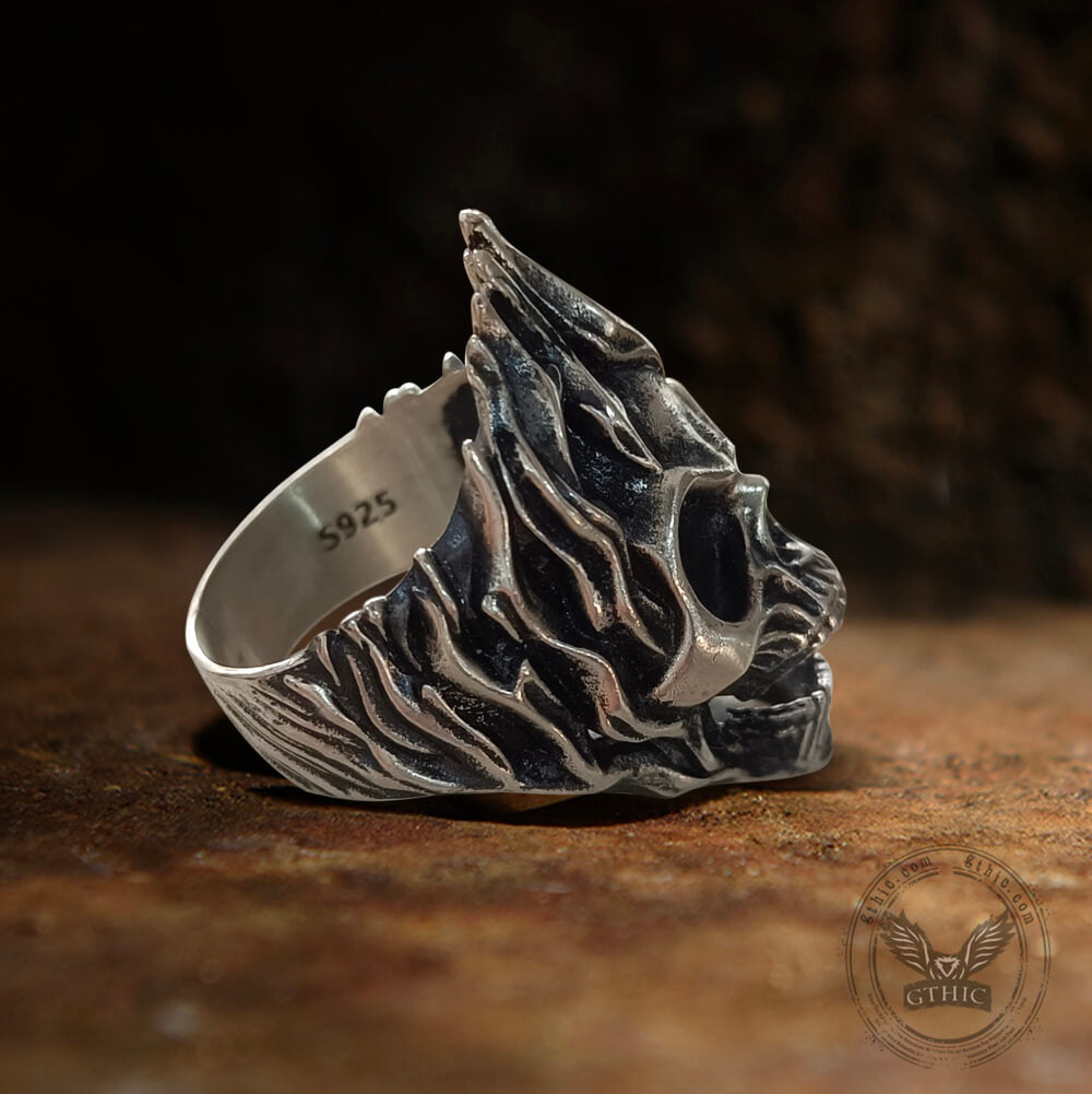 Skull on Fire Sterling Silver Ring