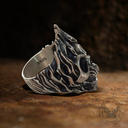 Skull on Fire Sterling Silver Ring