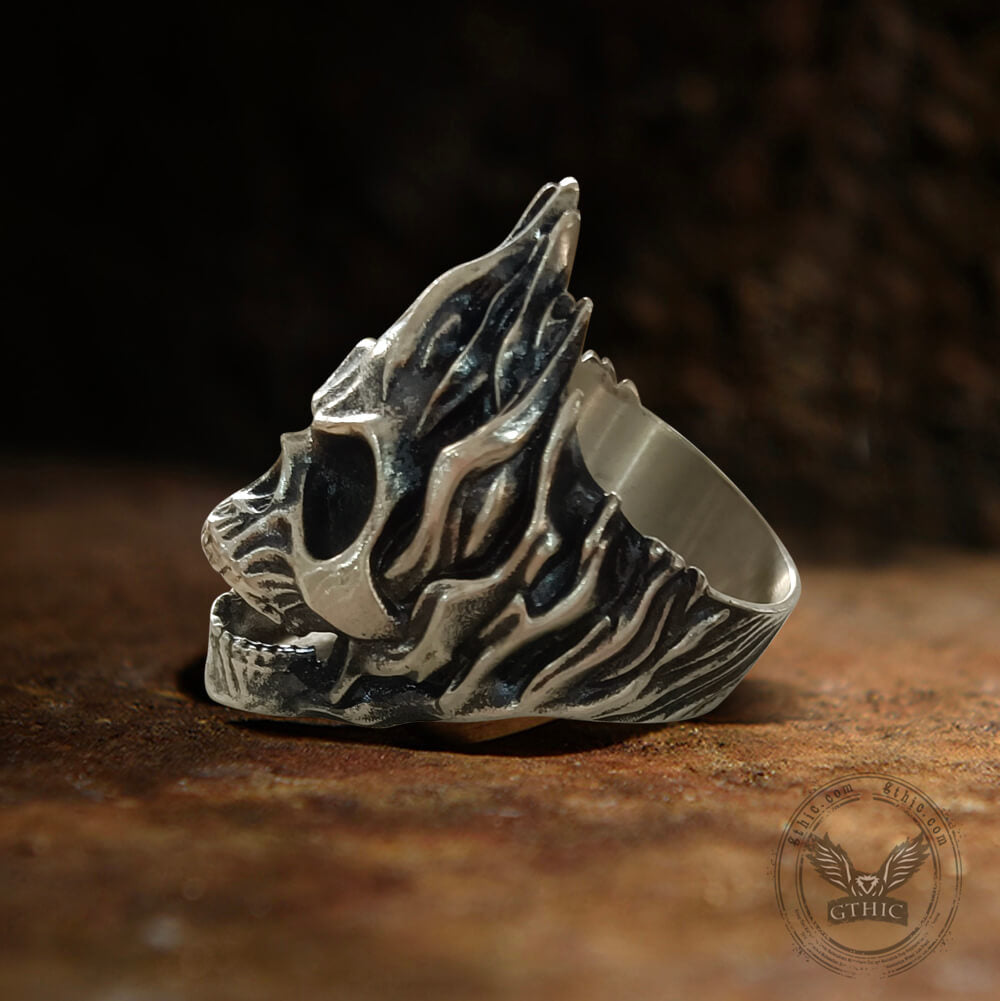 Skull on Fire Sterling Silver Ring