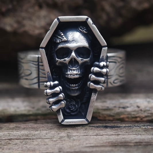 Skull Rose Coffin Sterling Silver Ring