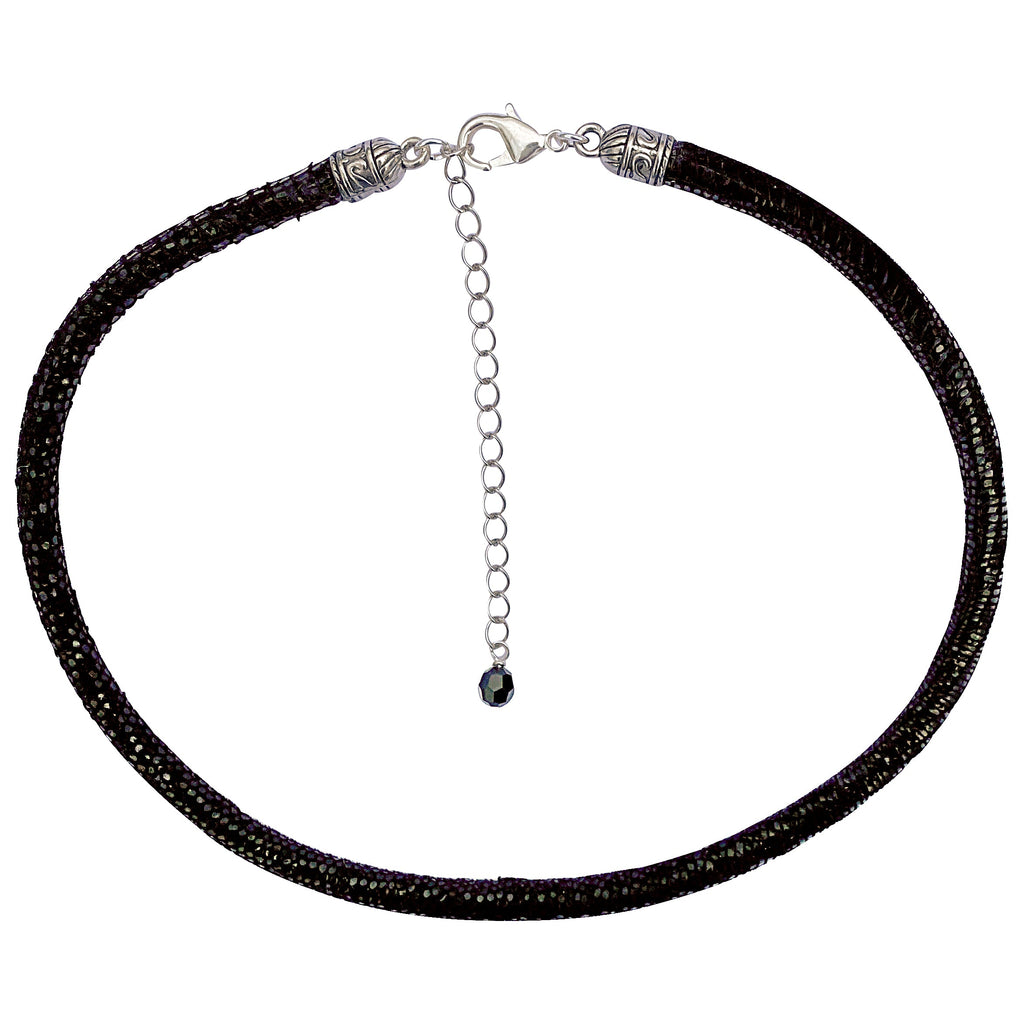 Black Leather Sparkly Snakeskin Choker Necklace With Silver Extender Chain & Swarovski Crystal