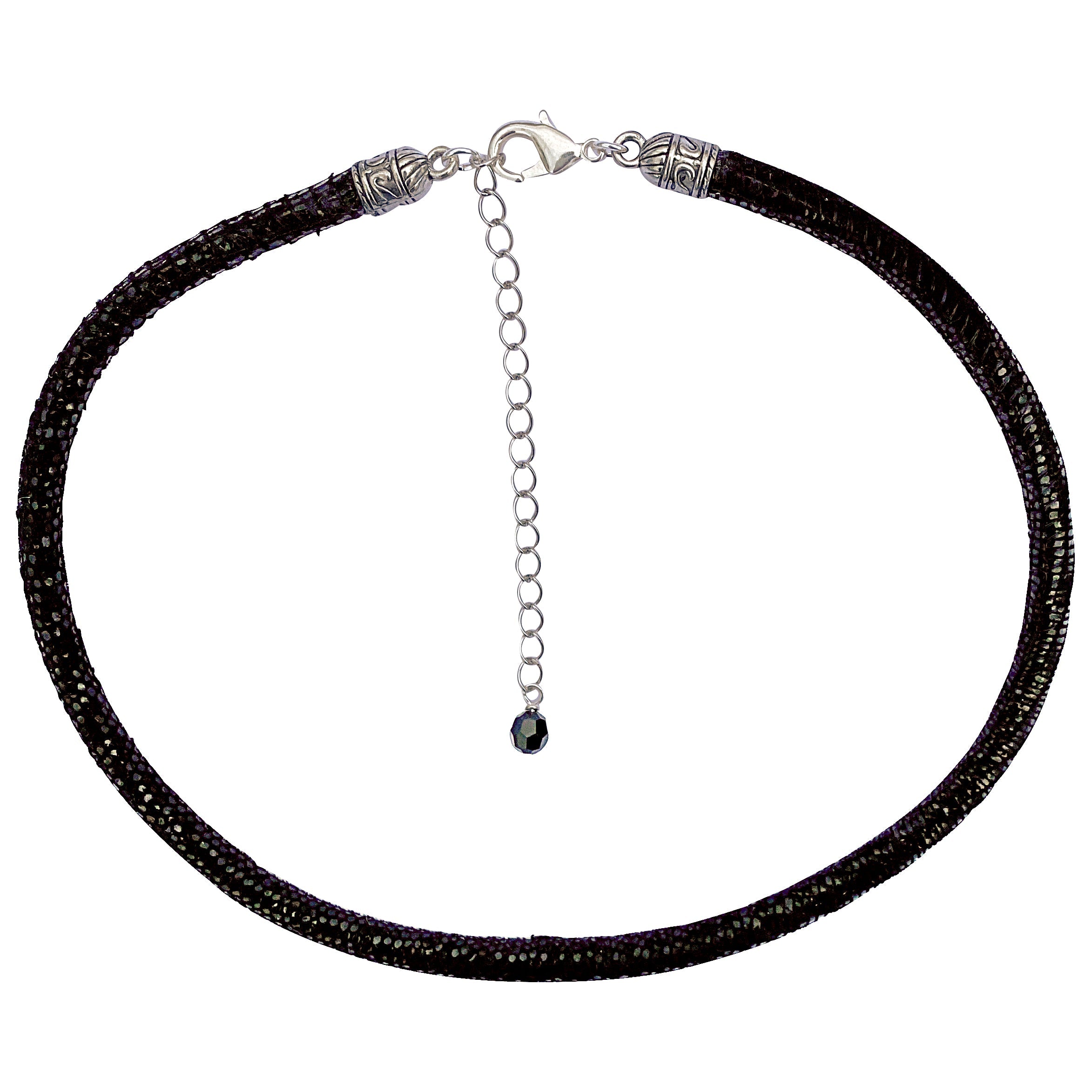 Black Leather Sparkly Snakeskin Choker Necklace With Silver Extender Chain & Swarovski Crystal