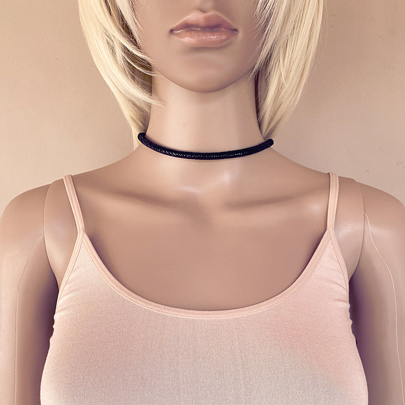Black Leather Sparkly Snakeskin Choker Necklace With Silver Extender Chain & Swarovski Crystal