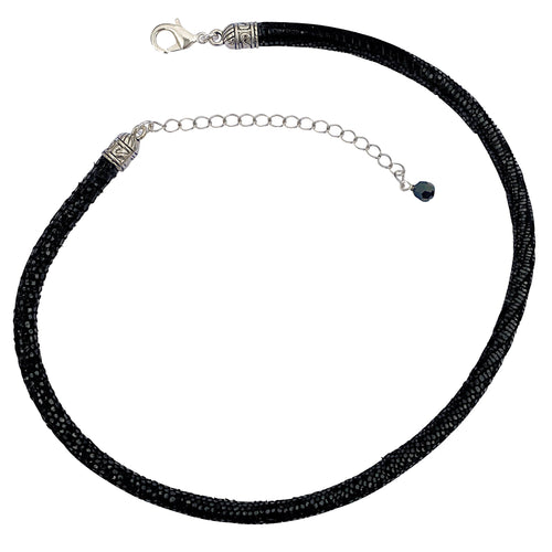 Black Leather Sparkly Snakeskin Choker Necklace With Silver Extender Chain & Swarovski Crystal