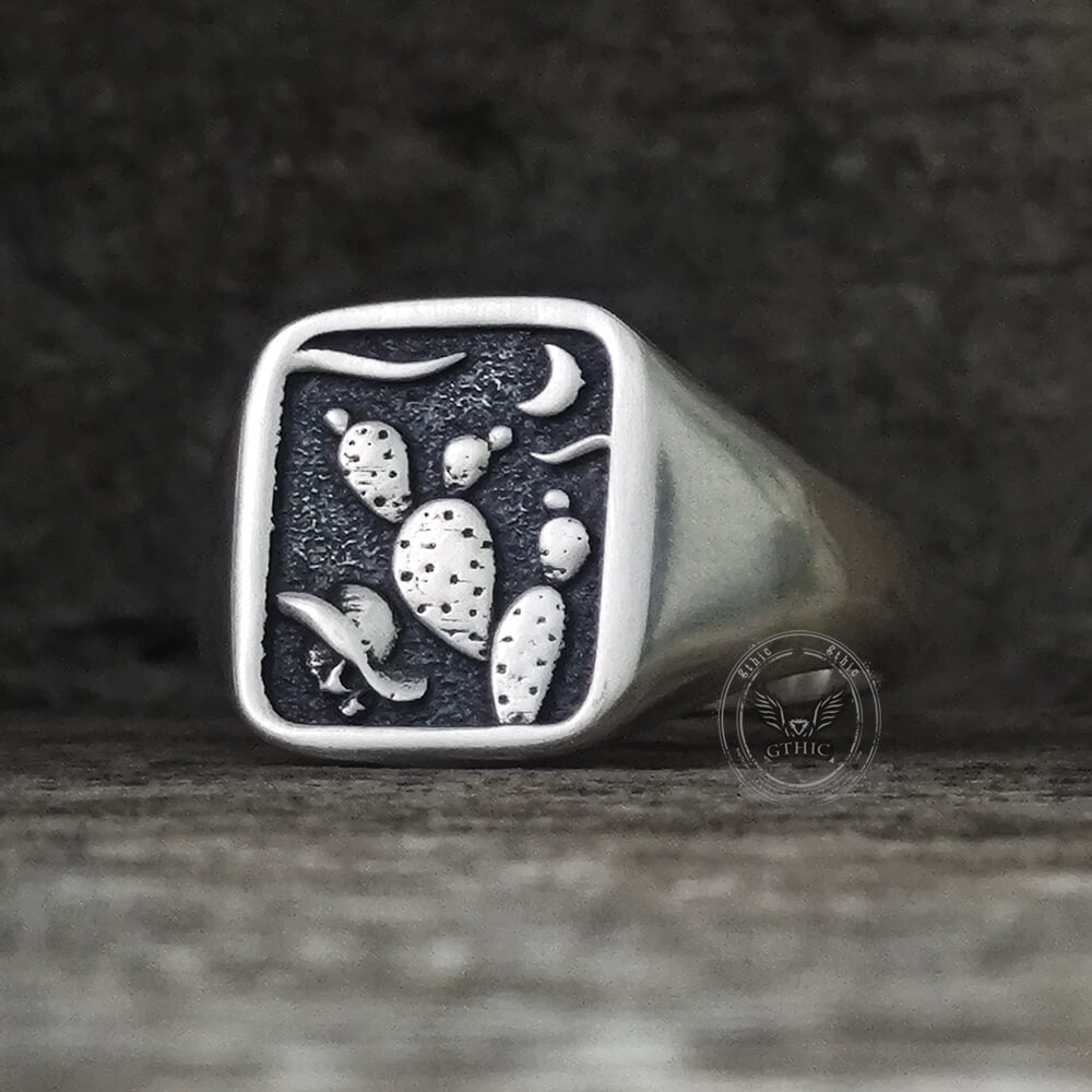 Square Cactus Cowboy Skull Sterling Silver Western Ring