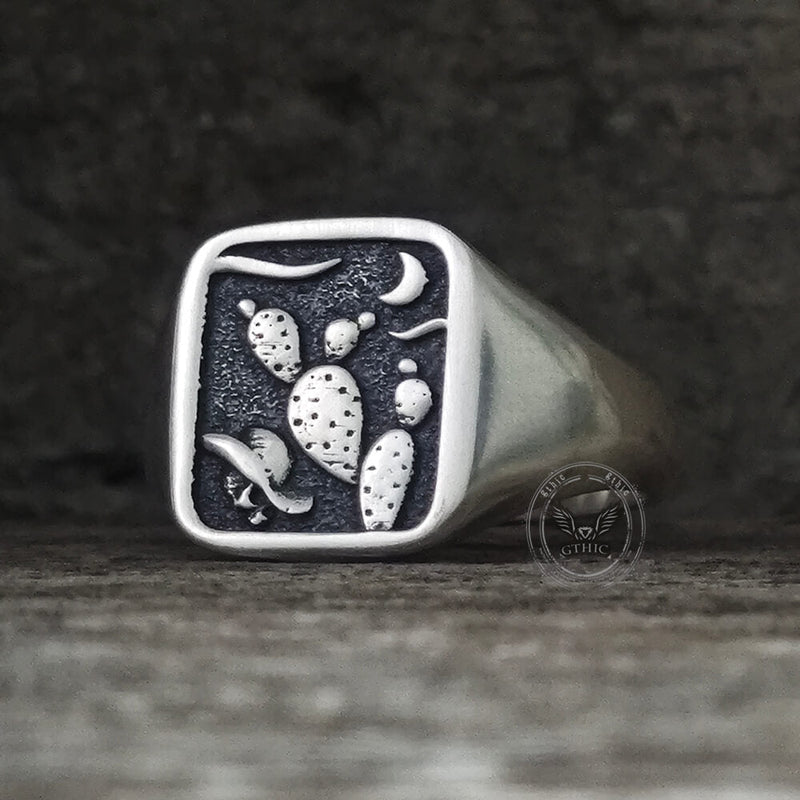 Square Cactus Cowboy Skull Sterling Silver Western Ring