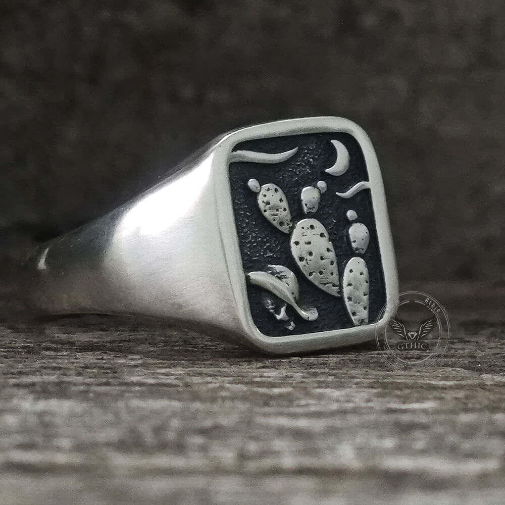 Square Cactus Cowboy Skull Sterling Silver Western Ring