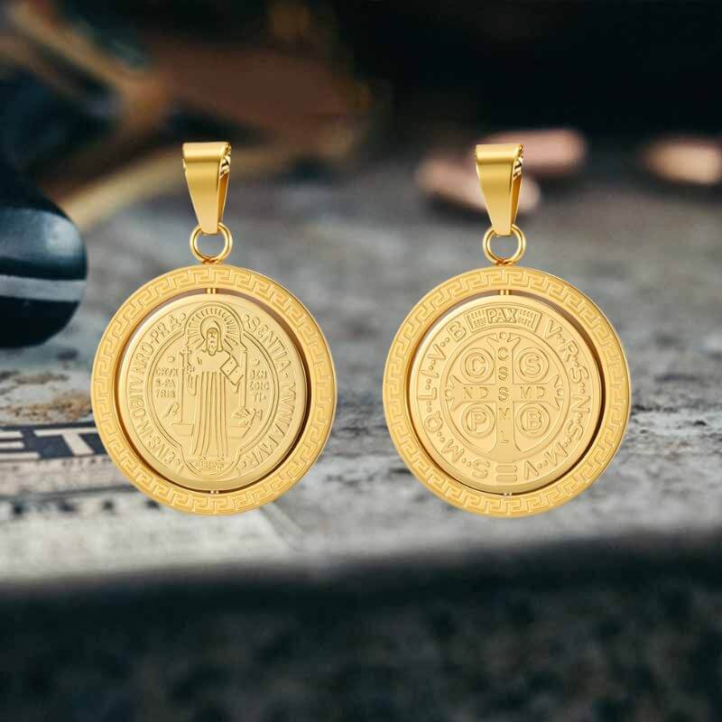 St. Benedict Double-sided Rotating Stainless Steel Amulet Pendant
