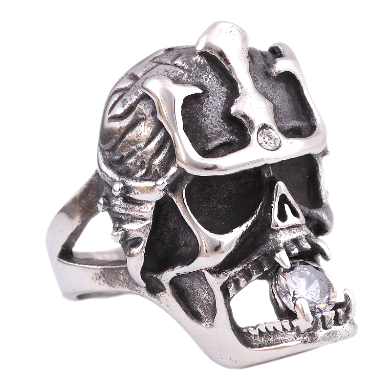 Stainless Steel Anarchy Skull Ring / Gothic Jewellery With Crystal
