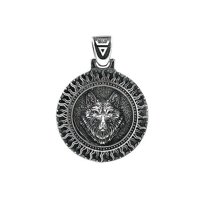 Stainless Steel and Necklace Pendant / Slavic Amulet With Black Sun and Wolf