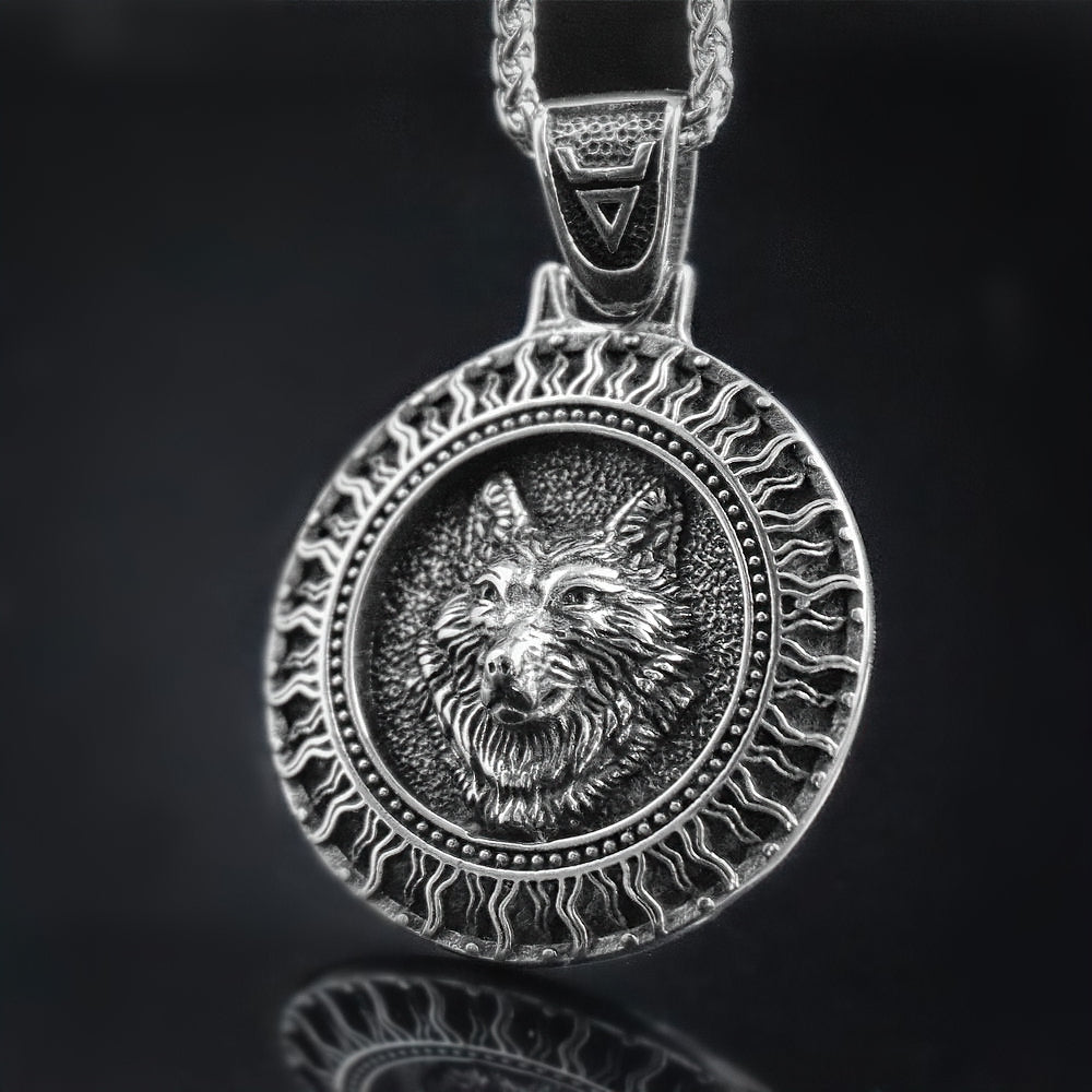Stainless Steel and Necklace Pendant / Slavic Amulet With Black Sun and Wolf