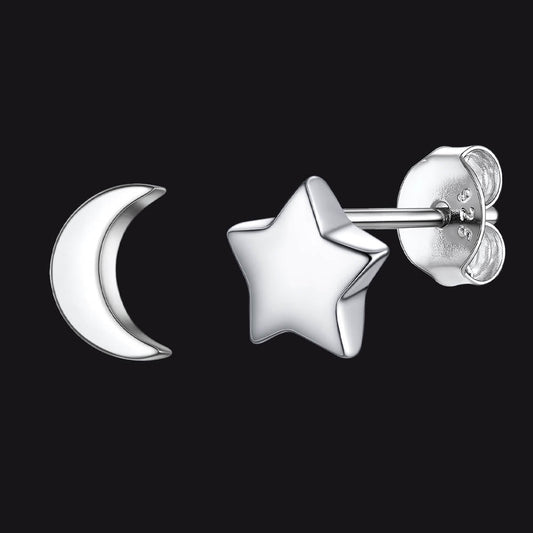 Sterling Silver Star Moon Stud Earrings for