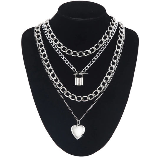 Steampunk Chain Necklace for / Aluminium Pendant With Locked and Heart