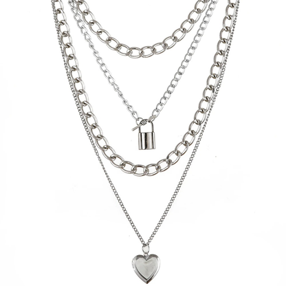 Steampunk Chain Necklace for / Aluminium Pendant With Locked and Heart
