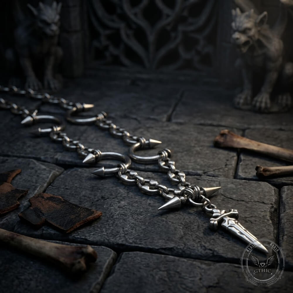 Street Punk Horseshoe Studded Sword Stainless Steel Necklace