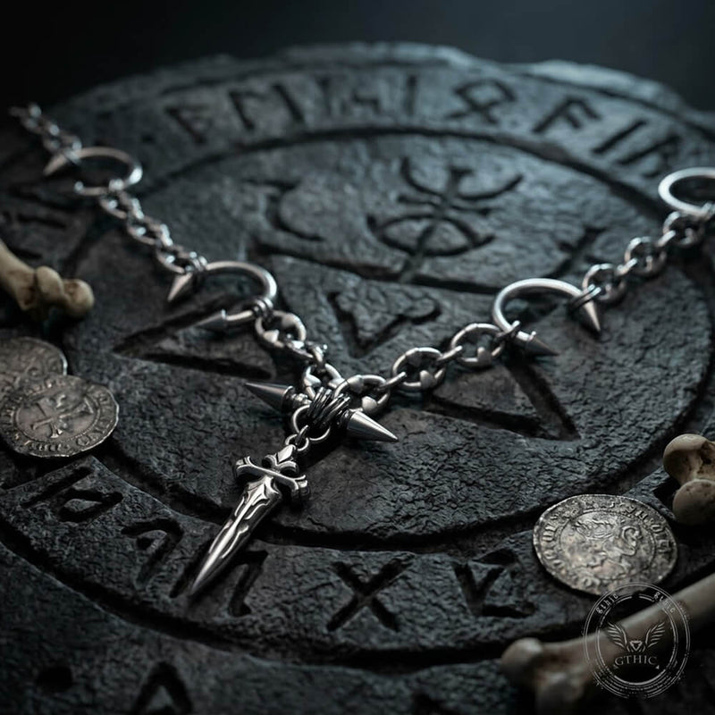 Street Punk Horseshoe Studded Sword Stainless Steel Necklace