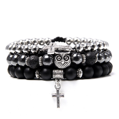 Style Set Multiple Charm Bracelet Natural Stone Beads / Braided Bracelet With a Cross