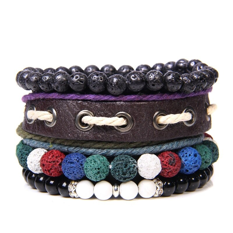 Style Set Multiple Charm Bracelet Natural Stone Beads / Leather Braided Bracelet #6
