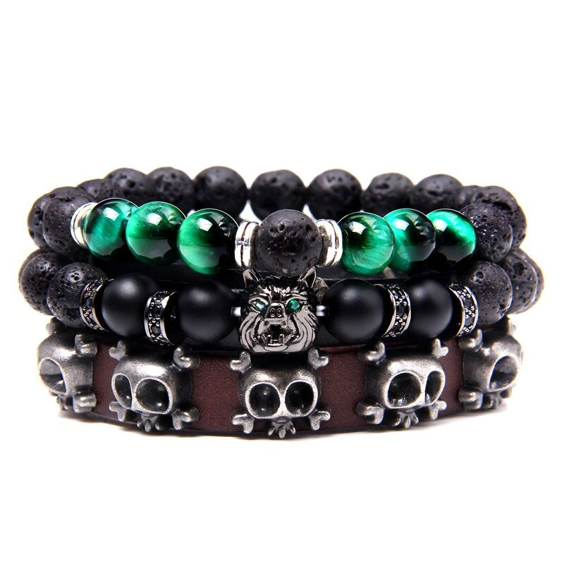 Style Set Multiple Charm Bracelet Natural Stone Beads / Leather Braided Bracelet