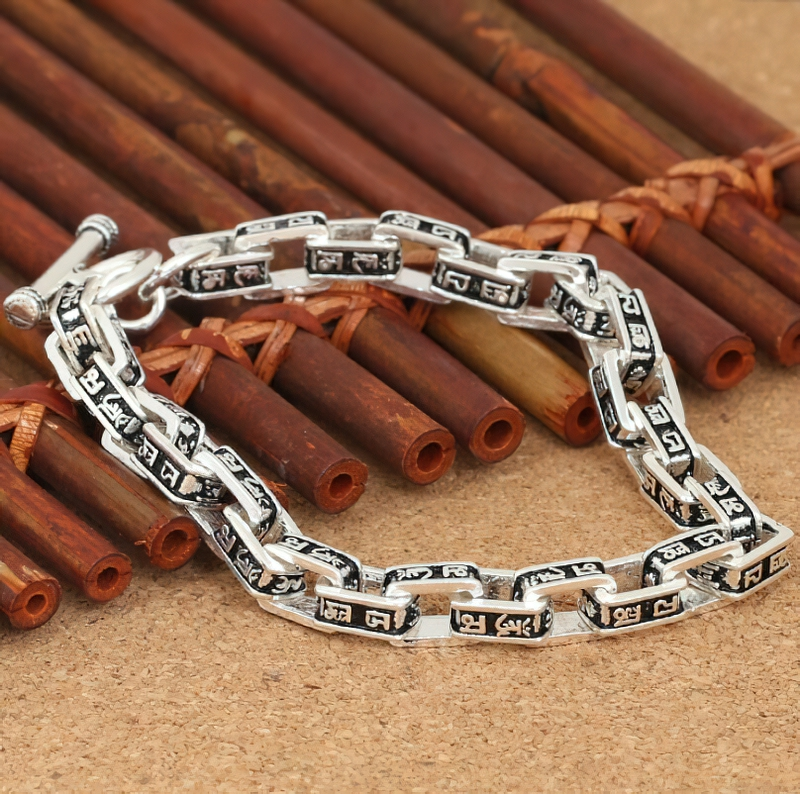 Stylish Bracelet of Carved Mantra Square Link Chain for / Jewelry S925 Sterling Silver