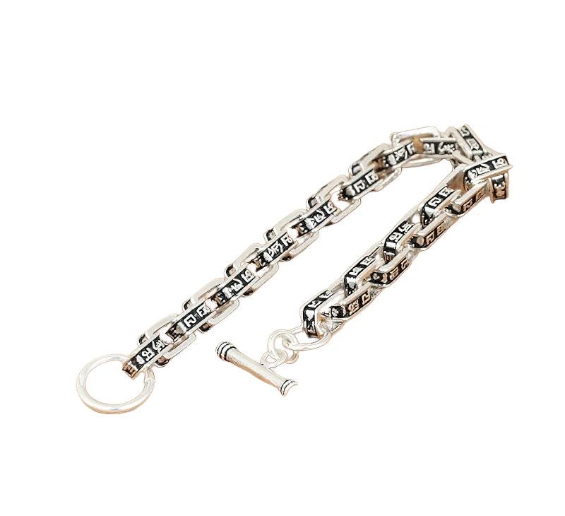 Stylish Bracelet of Carved Mantra Square Link Chain for / Jewelry S925 Sterling Silver