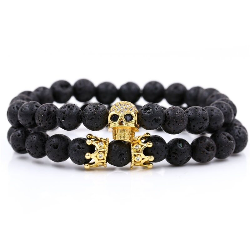 Stylish Bracelet With Skull Head and Crown / Jewelry With Natural Black Stones