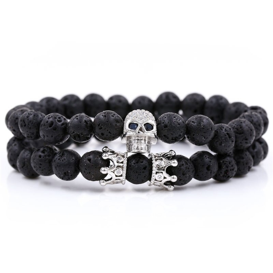 Stylish Bracelet With Skull Head and Crown / Jewelry With Natural Black Stones