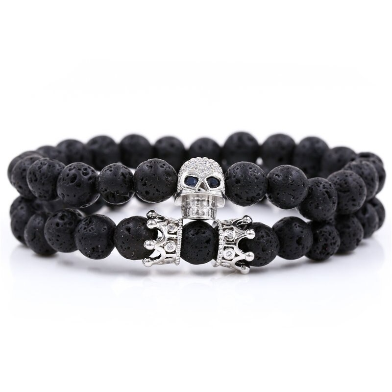 Stylish Bracelet With Skull Head and Crown / Jewelry With Natural Black Stones