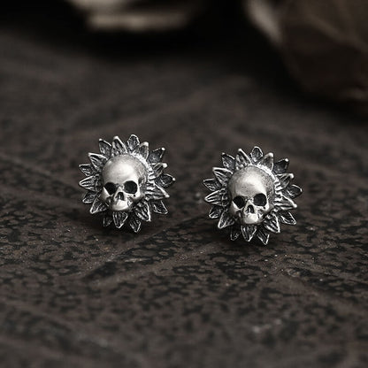 Sunflower Skull Sterling Silver Stud Earrings