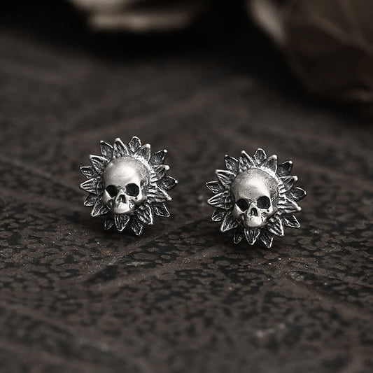 Sunflower Skull Sterling Silver Stud Earrings
