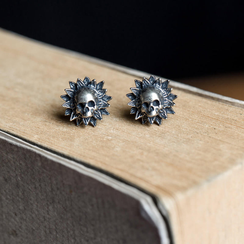 Sunflower Skull Sterling Silver Stud Earrings
