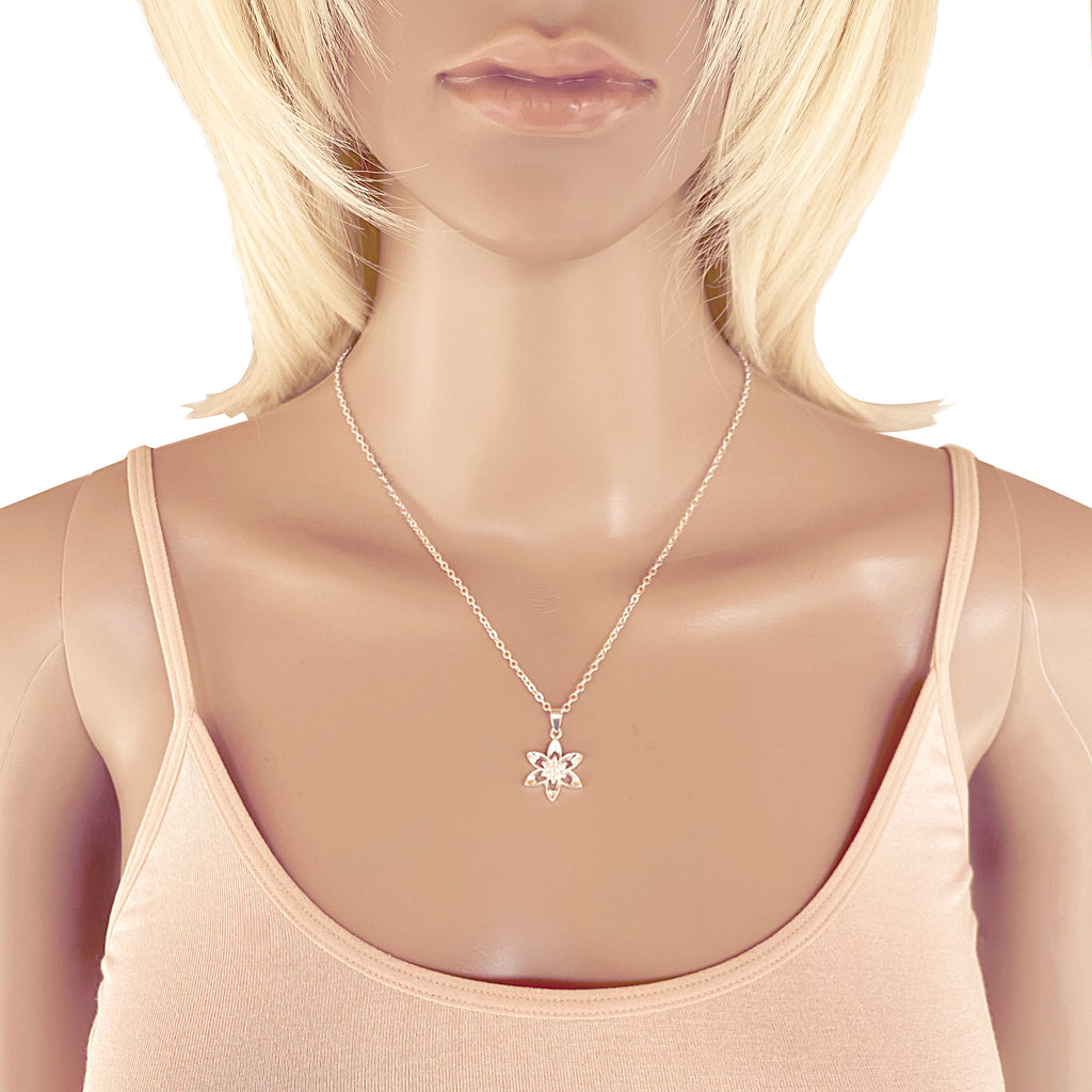Sterling Silver Mini Cubic Zirconia Flower Pendant on Silver Cable Chain Necklace, 18" With Extender
