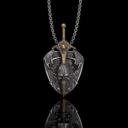 Sword and Shield Sterling Silver Skull Pendant