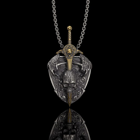 Sword and Shield Sterling Silver Skull Pendant